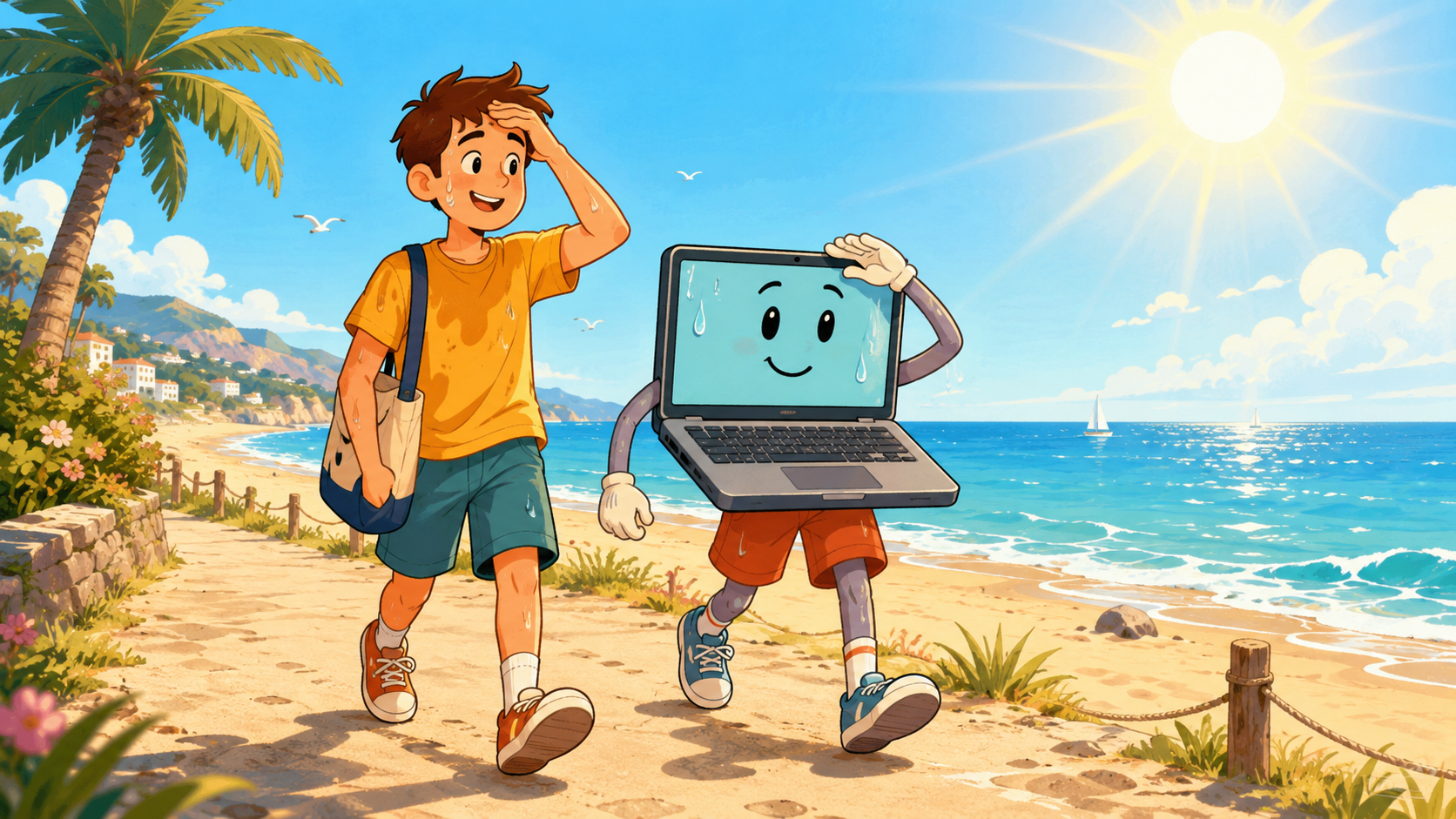 Gezeichnete Illustration im Querformat: Ein Mensch und eine Laptop-Figur mit Armen und Beinen spazieren gemeinsam schwitzend in der Sonne am Meer.d