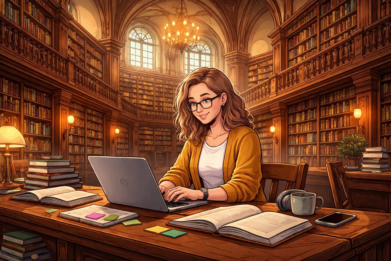 Illustration einer Frau mit Brille, die in einer Bibliothek am Laptop arbeitet – Sinnbild für strukturierte Wissensarbeit mit NotebookLM.