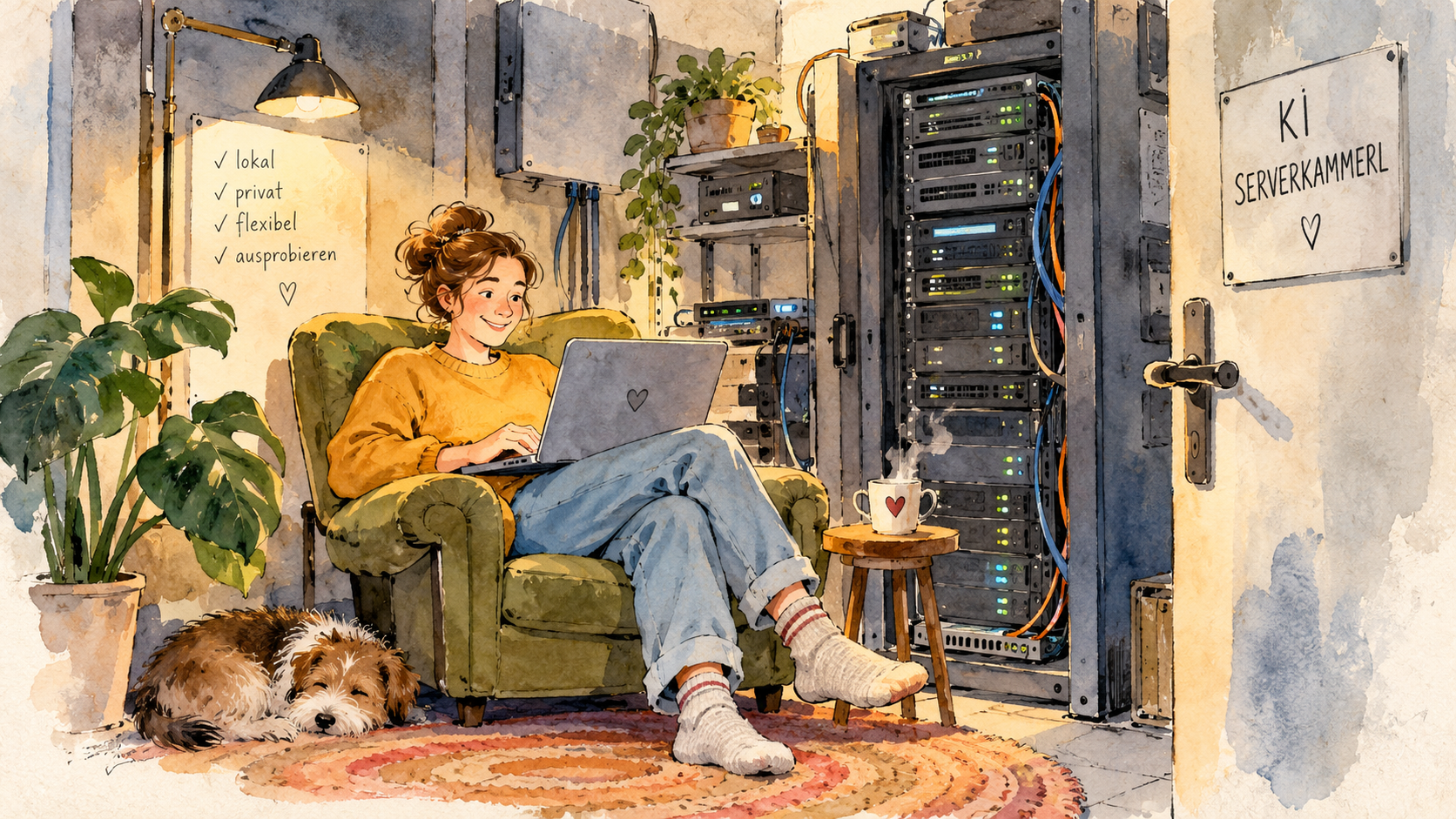 Aquarellillustration einer Frau, die mit einem Laptop auf dem Schoß in einem gemütlichen Sessel sitzt. Neben ihr steht ein Serverschrank. Die Szene veranschaulicht die Nutzung lokaler KI auf dem eigenen Rechner.
